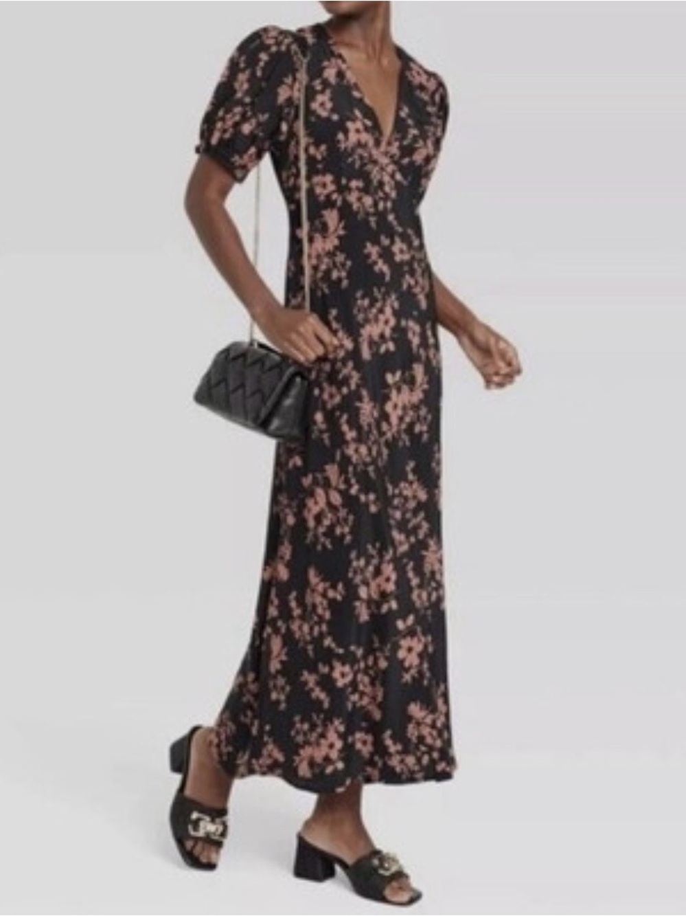 Target A New Day Black/Brown Floral Maxi Dress V-Neck Short Sleeve